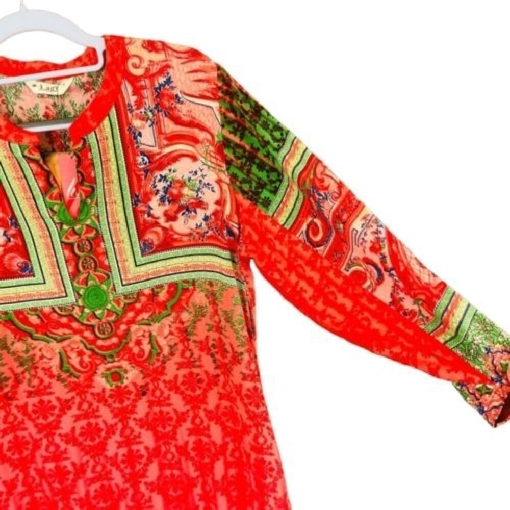 NWT Indian Kurta Kurti Lagi Red Floral Relaxed Long-Line Tunic Blouse Top โ SZ M - Picture 4 of 12